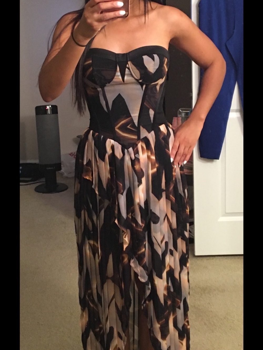 Bebe Addiction Strapless Geometric-like Floral Maxi Dress in Black & Cream
